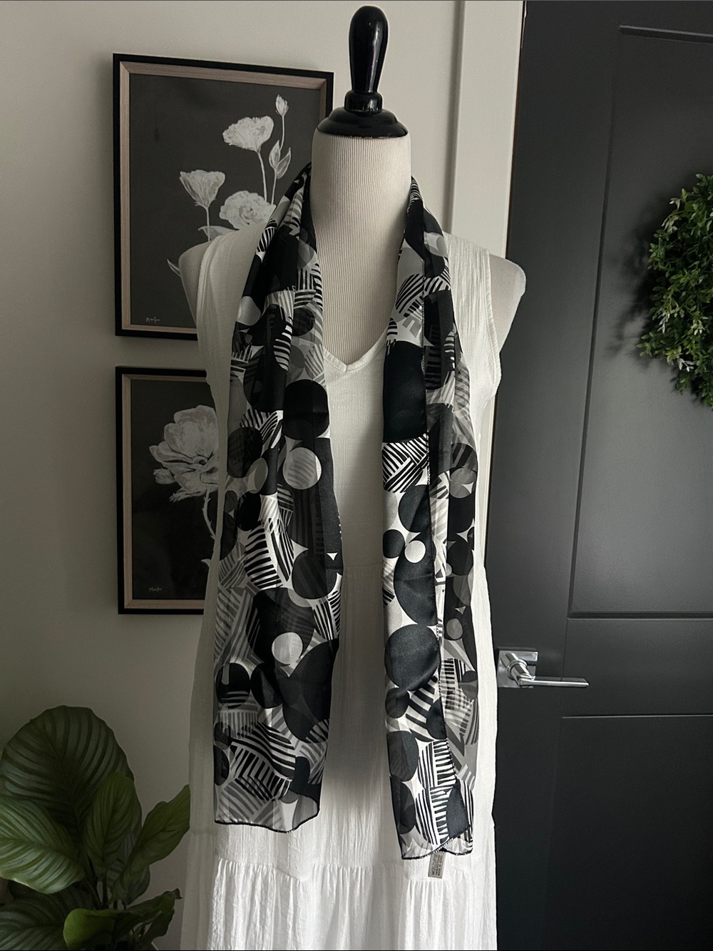 13" wide by 60" long skinny black gray white shimmery sheer scarf